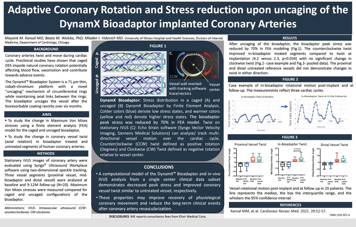 mividovich's tweet photo. About to present coronary rotation and stent "uncaging" data for the DynamX™ Coronary Bioadaptor System 👉🏻Pretty awesome new technology to address physiologic coronary motion @ElixirMed @TCTMD #TCT2022 @mmkansal - Emerging Clinical Science &amp; Research Station 1 https://t.co/WtUEhboMW6