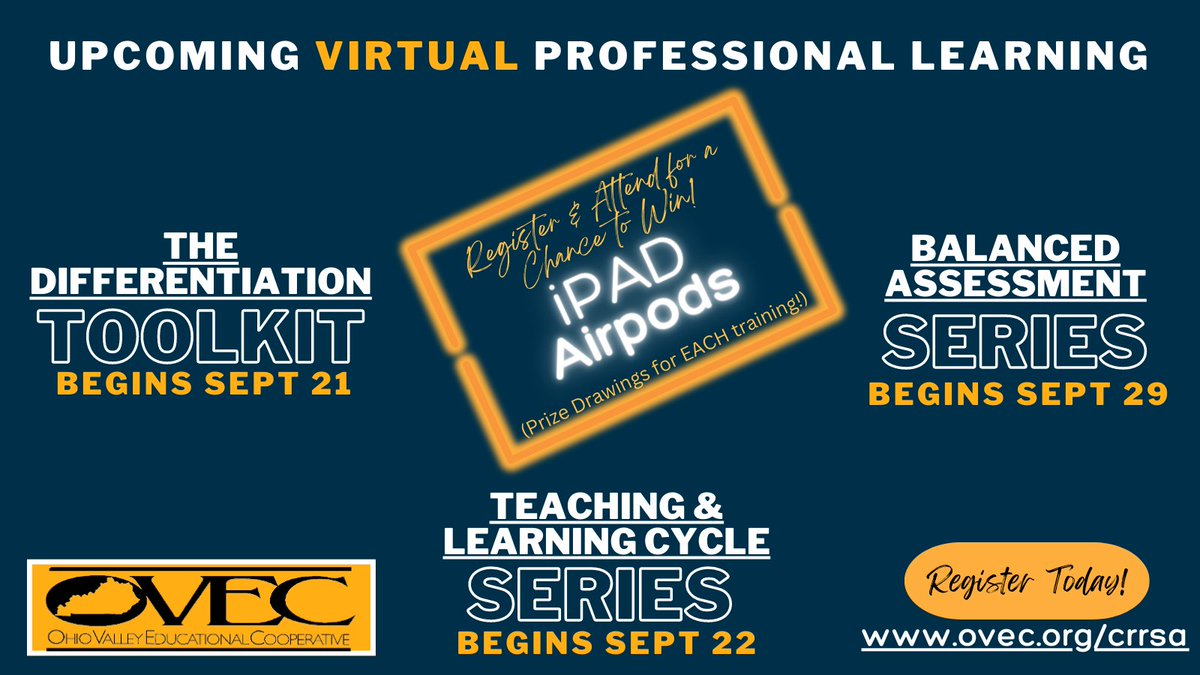 OVECkyed's tweet photo. Great virtual sessions coming up on… 
☑️Differentiation 
☑️Teaching &amp; Learning Cycles
☑️Balanced Assessment

Register for and attend a session, and you can win an iPad or Airpods!  We’ll announce winners during each virtual session. 

Register here: https://t.co/eXyGo516A5 https://t.co/R95T8cDlzB