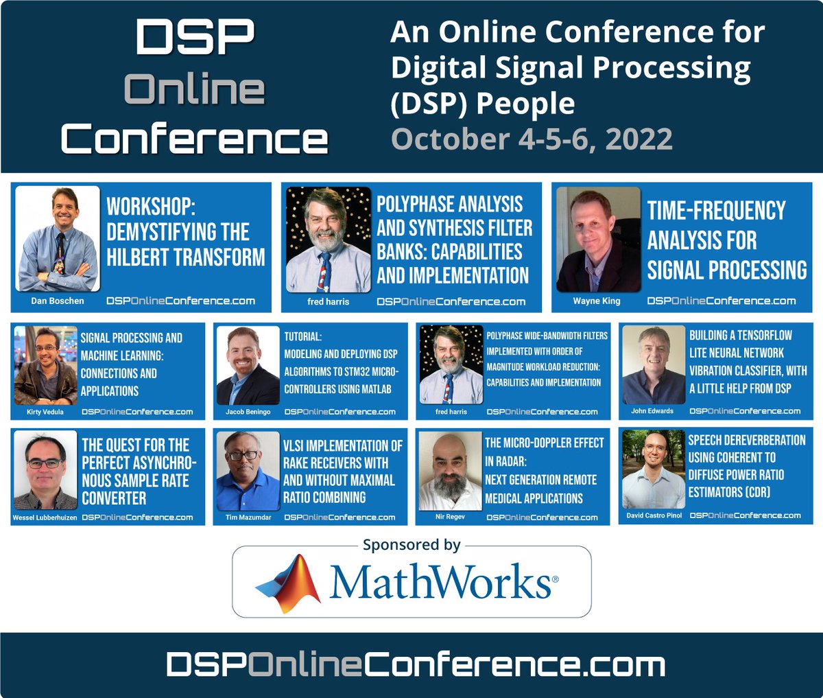 dsprelated's tweet image. Only 2 weeks left before the start of the 2022 DSP Online Conference!  Who else isn&apos;t registered yet?  Make sure to register before the end of September and save 50% on the already very low registration fee!  dsponlineconference.com/index.php?ref=… #dsp @MathWorks