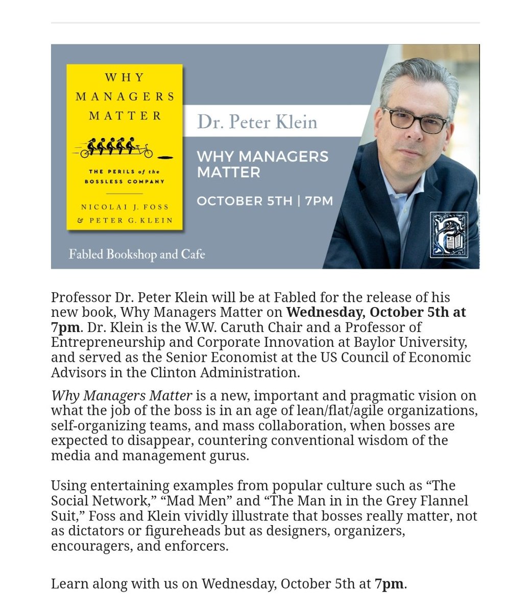 BUBaughCtr's tweet photo. Join #BaylorENT professor @petergklein at @fabledbookshop for a book signing October 5 at 7pm. https://t.co/gfpVB45eby