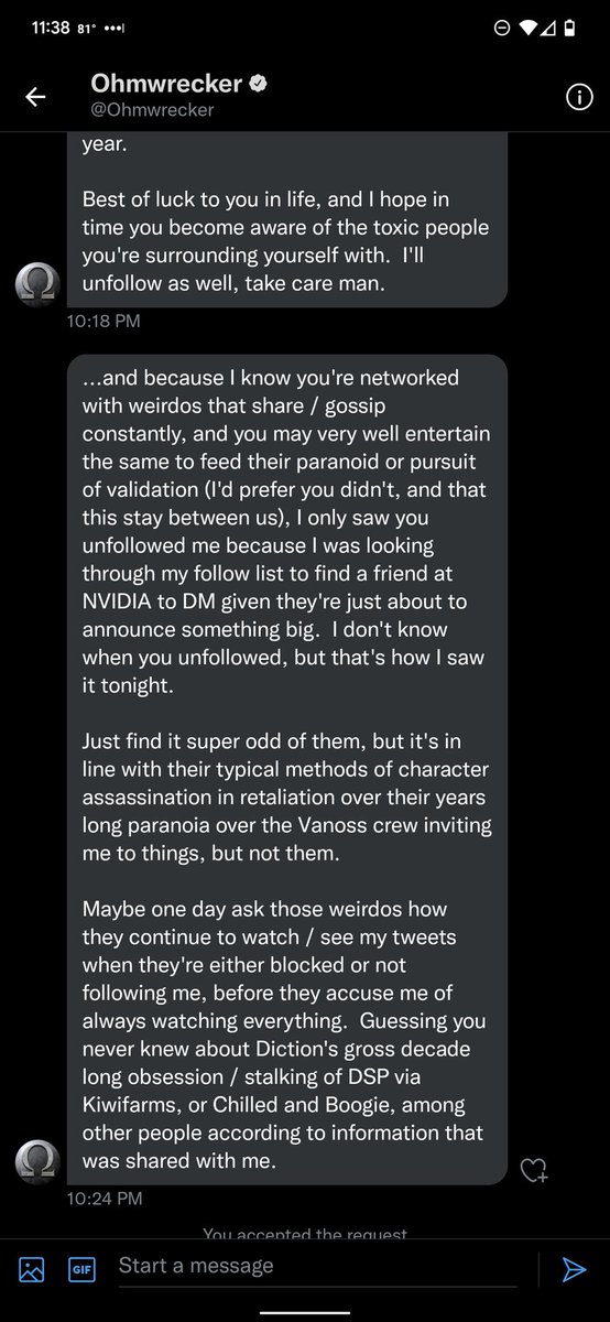 RitzPlays's tweet photo. So @Ohmwrecker needs extensive therapy.

All of this over unfollowing him.

Bro no one talks about you because you aren't anyones actual friend.

This is not a normal response to being unfollowed.

Don't care you wanted to keep this between us, go get fucking therapy https://t.co/sVGs5f8R6f