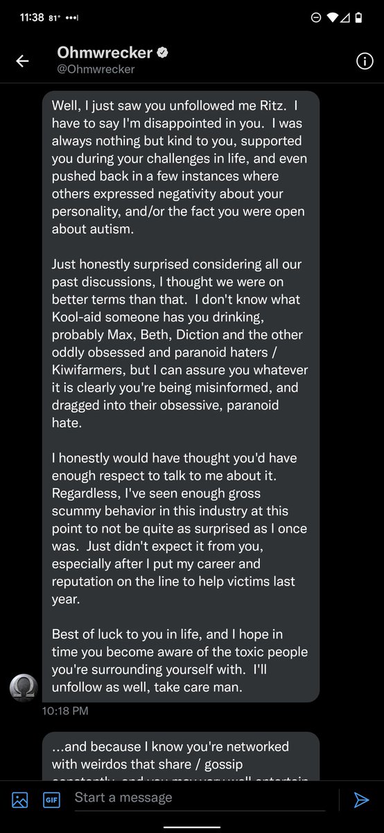 RitzPlays's tweet photo. So @Ohmwrecker needs extensive therapy.

All of this over unfollowing him.

Bro no one talks about you because you aren't anyones actual friend.

This is not a normal response to being unfollowed.

Don't care you wanted to keep this between us, go get fucking therapy https://t.co/sVGs5f8R6f