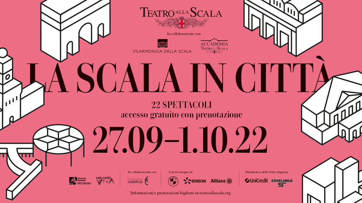 teatroallascala's tweet photo. Torna La Scala in città! Dal 27 settembre all’1 ottobre il nostro Teatro riempie luoghi e spazi dei quartieri milanesi con 22 spettacoli in 18 sedi, unendo musica, danza e teatro.

@FilarmoniScala @accademiascala @ComuneMI 

👉 https://t.co/nSmjupUUpf https://t.co/KYYhgRLlYn