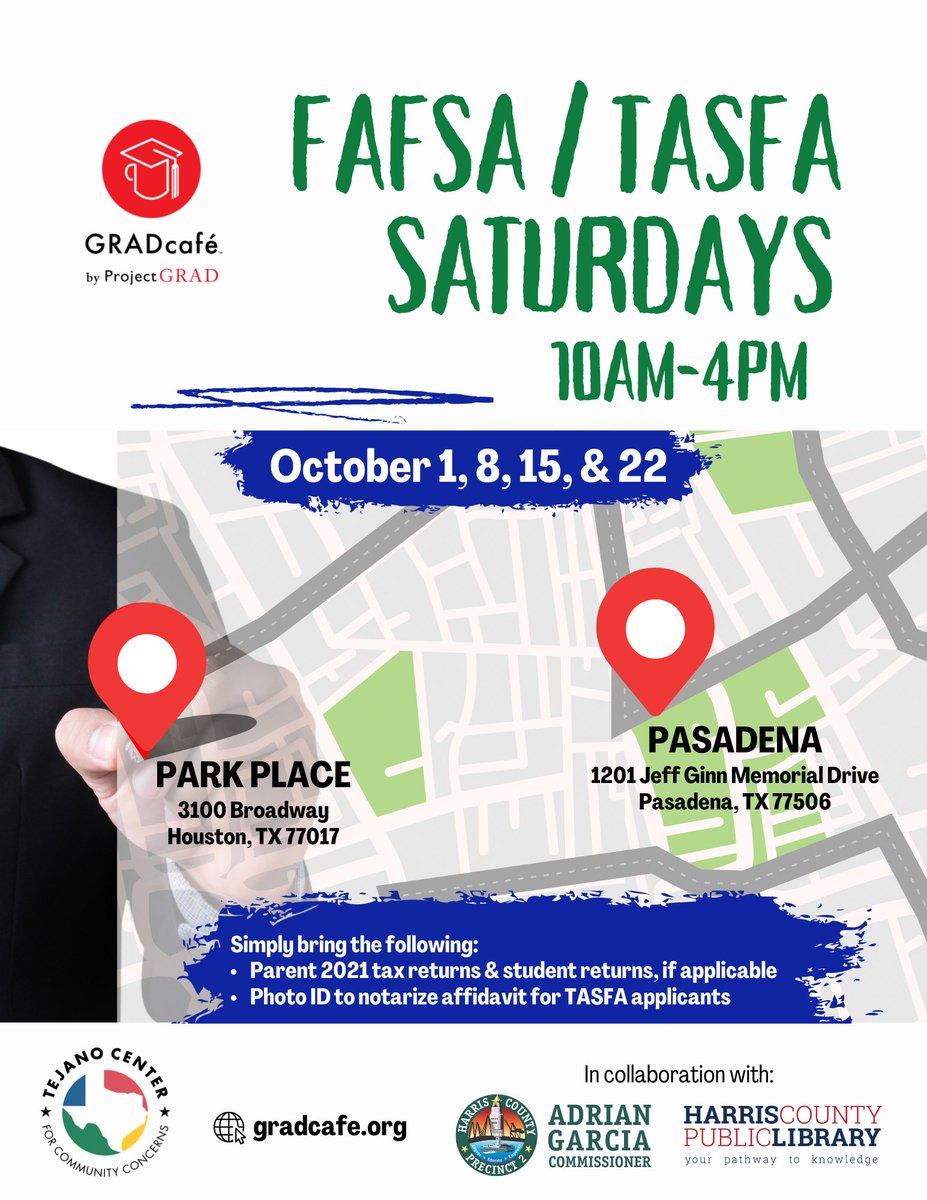 In 12 days, #FAFSA &amp; #TASFA open for the 2023-2024 school year. In addition to our regular hours, we will open 4 Saturdays in October to provide assistance with completing your financial aid application. Apply early. #ReachHigher #MakingItHappenTogether