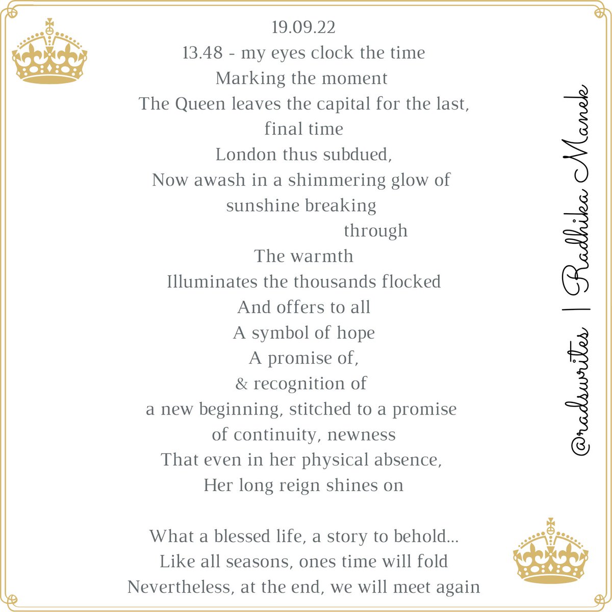 RadsWrites's tweet photo. 👑 13.48 on 19.09.22. ✍️🏽 -inspired by HRH Queen Elizabeth II in 2020 "we will meet again"...
.
#radswrites 
.
#poem #poetry #poetsofTwitter #twitterpoetry  #poetrycommunity   #poemsdaily #poetrytwitter #UKHistory #poetrylondon #Royal #QueenElizabethII  #queenelizabethfuneral https://t.co/Sp7lYFGJGT