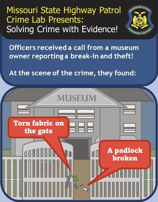 MSHPCrimeLab's tweet photo. We are celebrating National Forensic Science Week. There will be clues released throughout the week along with information on how we solved the crime. #nationalforensicscienceweek https://t.co/XoJHZiClwa