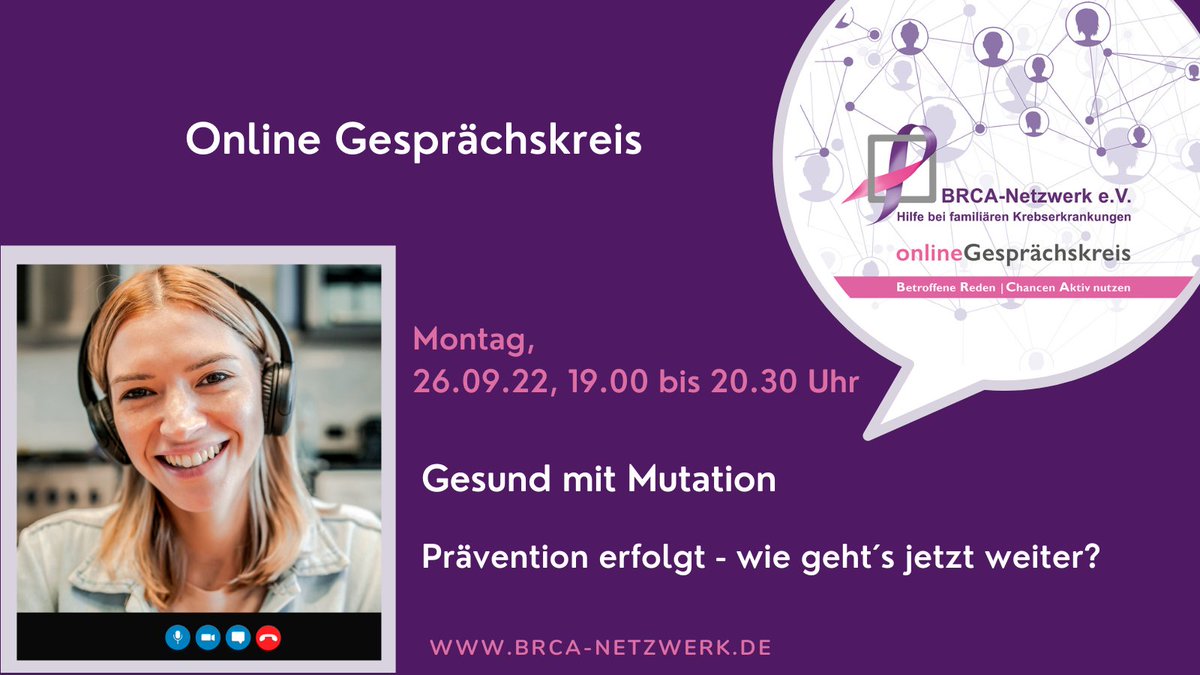 BRCA__Netzwerk's tweet photo. Im Online-Gesprächskreis am 26.09.,19.00-20.30 Uhr, könnt Ihr Fragen stellen, Euer Herz ausschütten, oder einfach „nur“ reden. Das Thema: Gesund mit Mutation, Prävention erfolgt - wie geht's jetzt weiter?
Anmeldung über: https://t.co/nQaswKYqyd
#NetzwerkImNetz
#BRCANetzwerk https://t.co/m8oPnxTyJ6