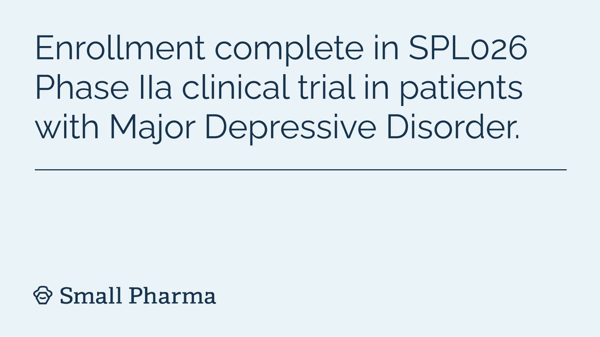 SmallPharma's tweet photo. 📣 Pleased to announce enrollment is complete in our SPL026 Phase IIa clinical trial in patients with major #depression. This is an important milestone in our development of DMT-assisted therapy &amp; we eagerly await analysis of the study results. Full PR: https://t.co/MnCSKxCJSL https://t.co/fHHi9NHKD1