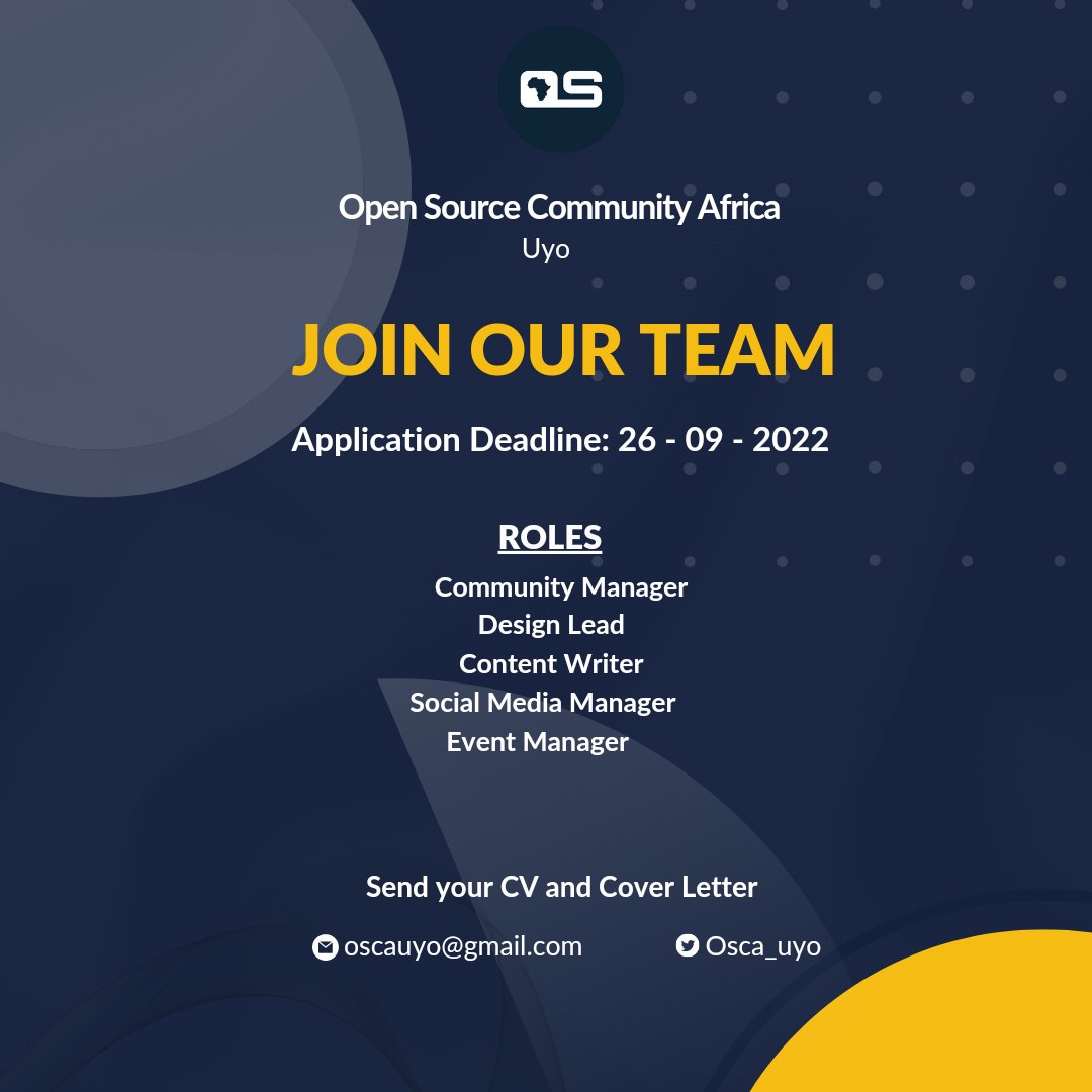 Join the OSCA Uyo team!! 

We are looking for passionate techies to volunteer for the following roles on the team: 

- Community Manager
- Design Lead
- Content Writer
- Social Media Manager
- Event Manager

To apply, send your resume and cover letter to oscauyo@gmail.com