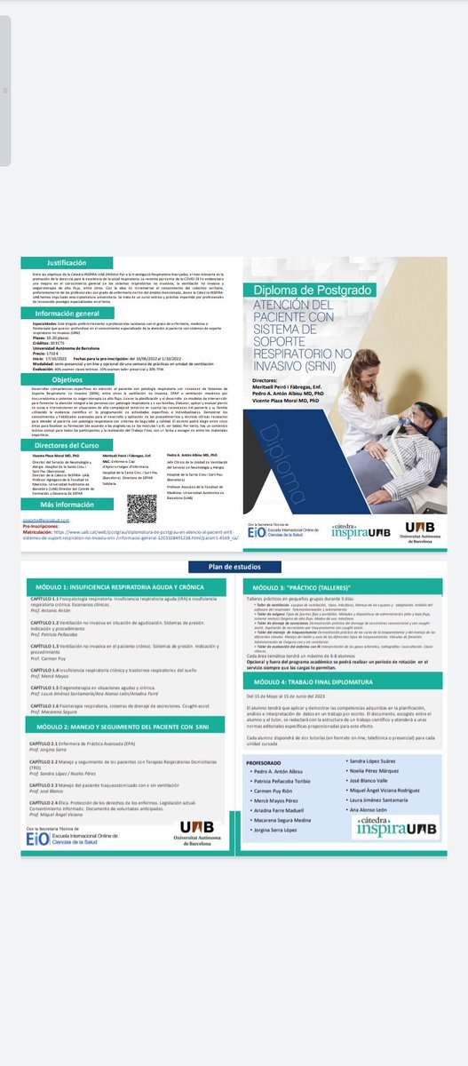 📣Últimos días!

2ª edición Postgrado en Atención al Paciente con Sistemas de Soporte Respiratorio no Invasivo (SRNI)

Modalidad: Semipresencial
Créditos: 30 ECTS
Inicio: 17/10/2022
Final: 30/06/2023
Plazas: 20
#Enfermeria #UCRI
#Postgrado #UAB
<a href="/InfermeriaSPau/">Direcció Infermera Hospital de Sant Pau</a>
más infomación 👇👇