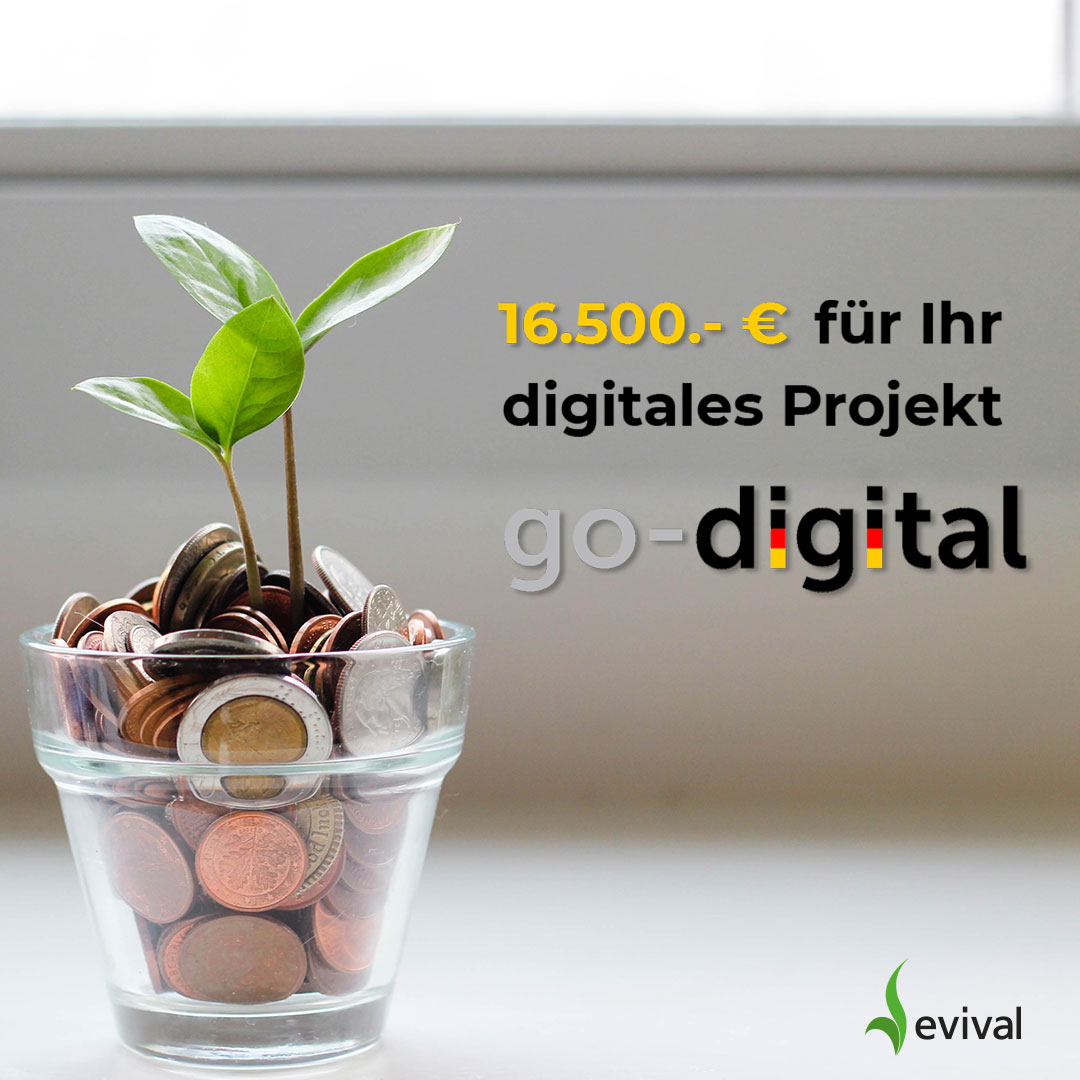 16.500,- € für Ihr digitales Projekt durch das Förderprogramm go-digital

Das Programm des BMWK go-digital fördert Beratungs- und Umsetzungsleistungen für Digitalisierungsprojekte unserer Kunden bis zu einer Summe von 16.500,- €. evival übernimmt für Sie die Antragsstellung.