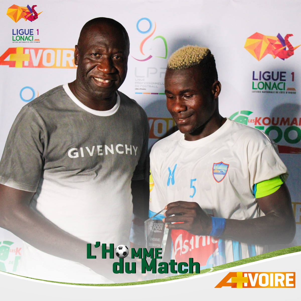 #HOMME_DU_MATCH
Koffi André Habib le capitaine de LYS Sassandra a reçu le trophée de #HOMME_DU_MATCH des mains de Jean-Jacques Tizié.
Retrouvez la LONACI ligue 1 tous les samedis à 15H30 et les dimanches à 18H00 en direct sur <a href="/aplusivoire/">A+ Ivoire</a>