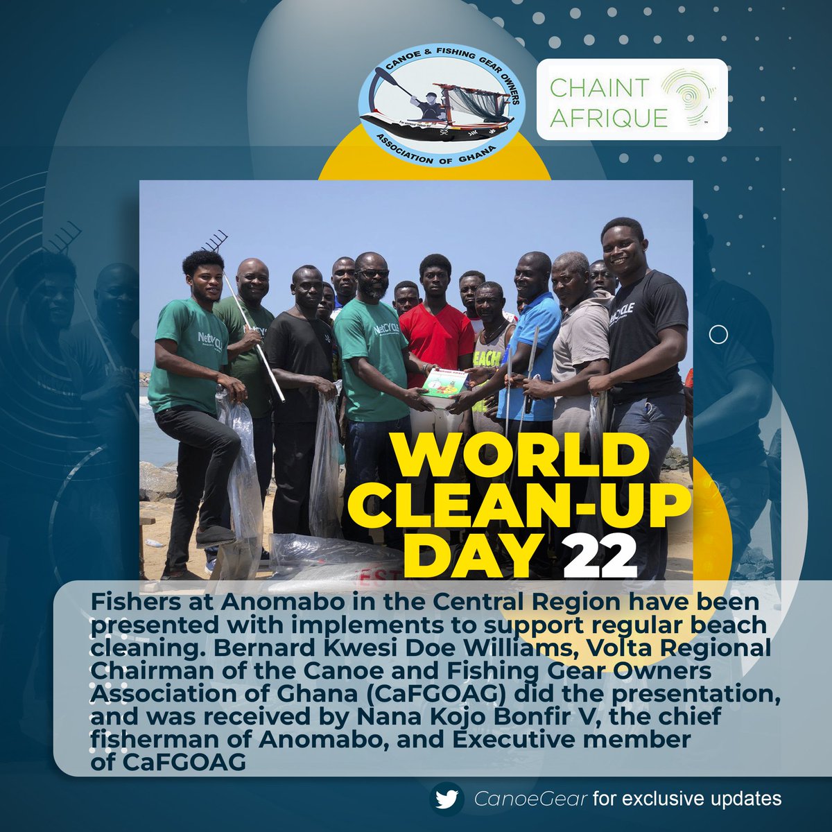 CanoeGear's tweet photo. We are by this initiative, introducing monthly beach cleaning in #fishing communities to get rid of #plastics and discarded nets away from the #ocean
#IYAFA2022
#FisheriesAndAquaculture
#WorldCleanupDay
@ChaintAfrique
@NetCYCLEgh
@FAOfish
@FAOGhana
@ccm_ucc
@CoastalDevelop2 https://t.co/m4ZRB6TRyX