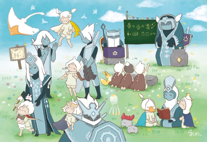 応募作品解禁だーっ!星の子たちってすぐ飛べてるけれど教わったりしないのかな?ってずっと思っていたところから大精霊さんたち教室を描いてみました。大精霊さん初めてで難しかった…素敵な企画に参加できて楽しかったです!#SkyAssemblies#thatskygame#sky星を紡ぐ子どもたち 
