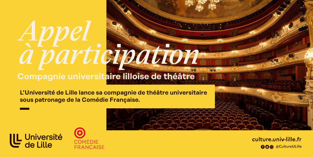 Université de Lille (@univ_lille) on Twitter photo Appel à participation 🎭
ULille lance sa compagnie de théâtre universitaire sous patronage de la <a href="/ComedieFr/">Comédie-Française</a>, ouverte à ses étudiants sans prérequis !
Intéressés ? Retrouvez toutes les infos et déposez votre dossier de candidature avant le 30 septembre 👇
bit.ly/3UyaoQf Appel à participation 🎭
ULille lance sa compagnie de théâtre universitaire sous patronage de la <a href="/ComedieFr/">Comédie-Française</a>, ouverte à ses étudiants sans prérequis !
Intéressés ? Retrouvez toutes les infos et déposez votre dossier de candidature avant le 30 septembre 👇
bit.ly/3UyaoQf