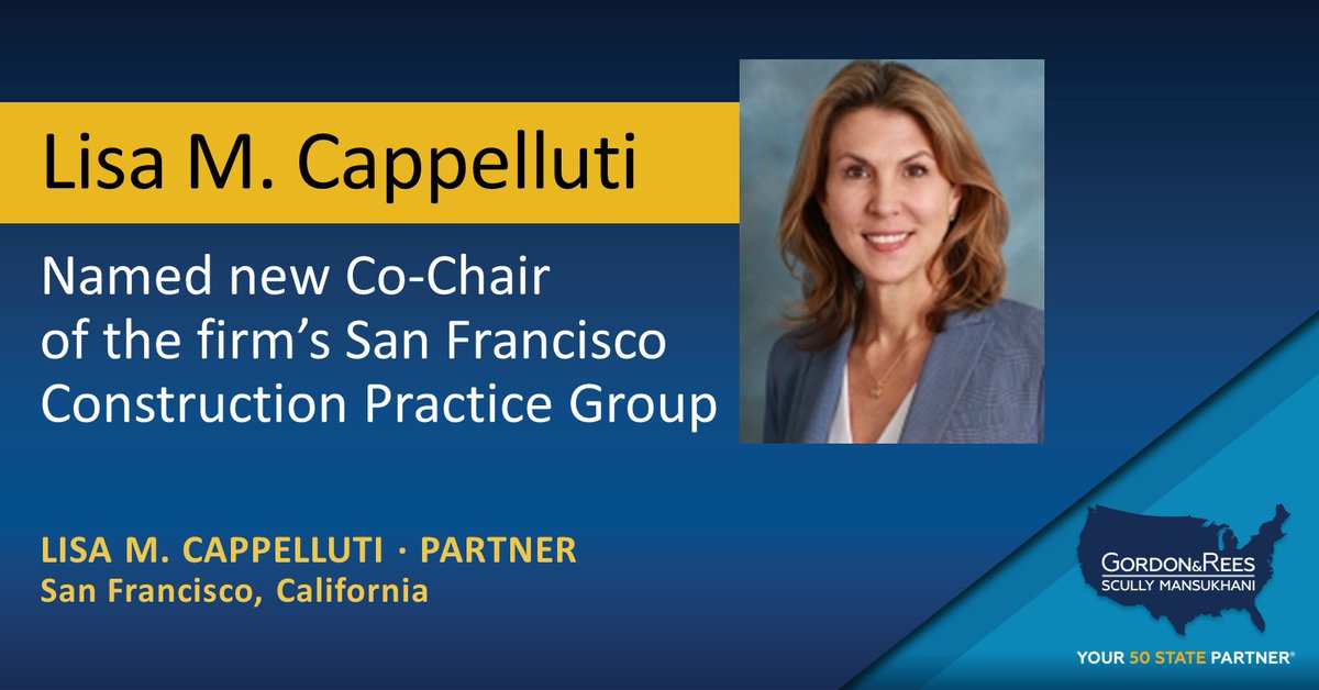gordonreesllp's tweet photo. Lisa Cappelluti Named to Bay Area Construction Practice Group Leadership
https://t.co/ZKgP93G4iN
#constructionlaw #law #legal #grsm #gordonrees #your50statepartner https://t.co/6WLTRO8WQm