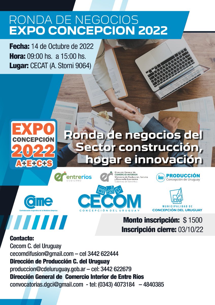 🏗️ ¿Sos proveedor de la cadena de valor "Construcción, Hogar e Innovación"?

✔️ Sumate a la Ronda de Negocios #ExpoConcepción2022 y contactate con grandes desarrolladores del sector que buscan ampliar su red de proveedores.

Inscribite acá hasta el 3/10 🔗 rdn.came.org.ar