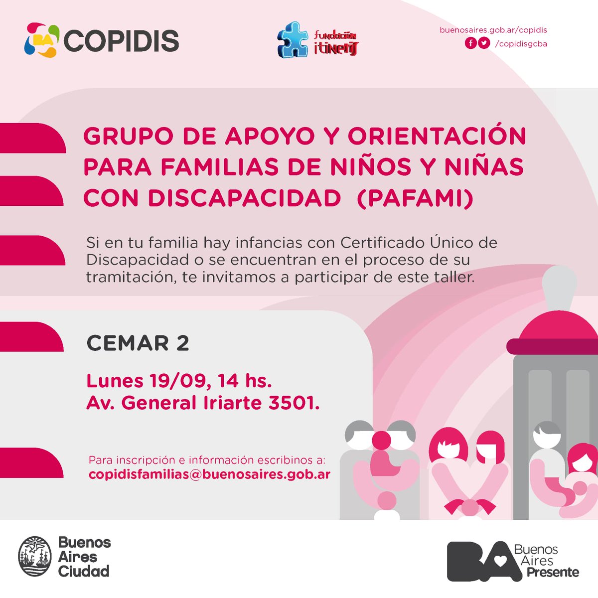 copidisba's tweet photo. #HOY Grupo de apoyo y orientación para familias de niños y niñas con discapacidad (PAFAMI) 📣
ACERCATE: 📍CEMAR 2 Av. General Iriarte 3501 a las 14hrs
#COPIDIS #PAFAMI #DISCAPACIDAD https://t.co/XkU9pZWlm2
