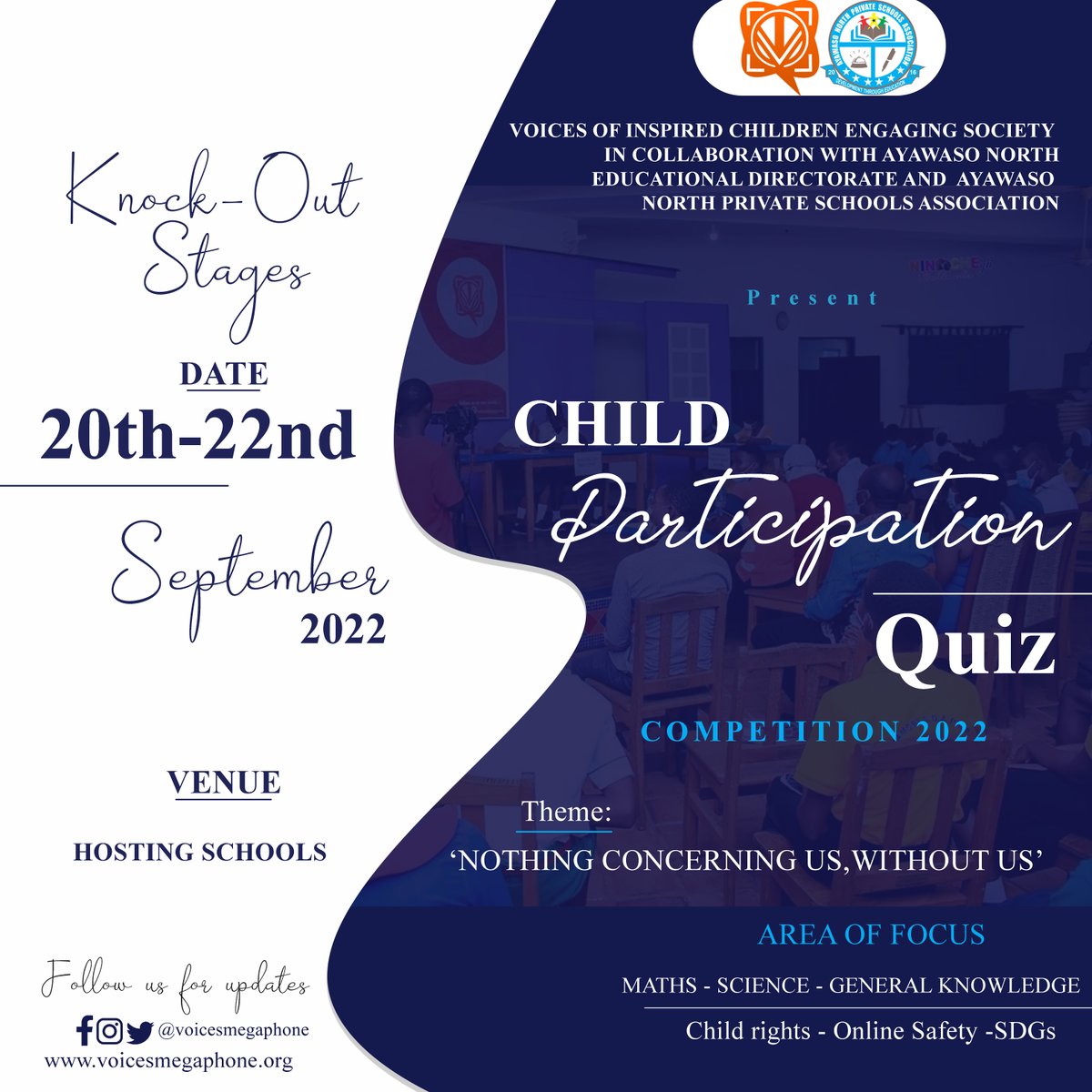 VOICESmegaphone's tweet photo. Finally it's the week we've all been waiting for, the Child ParticipationQuiz Competition 2022 kicks off tomorrow in Ayawaso North Municipal. We are excited about this.  Stay tuned for more updates. #CPQ22 #VOICESGhana #VOICESGlobal #ChildParticipationQuiz #BasicSchools https://t.co/8nXDlJz6Em