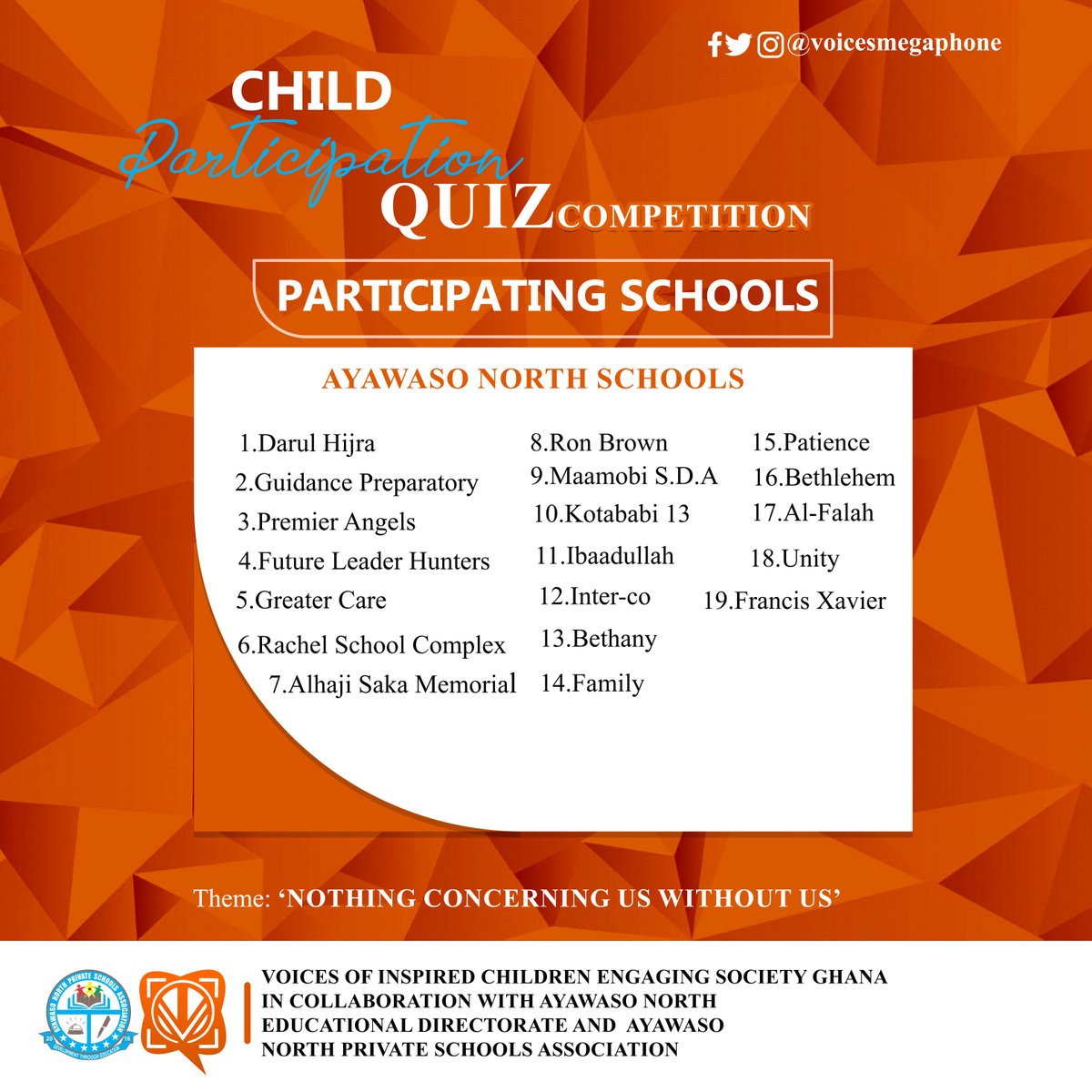VOICESmegaphone's tweet photo. Finally it's the week we've all been waiting for, the Child ParticipationQuiz Competition 2022 kicks off tomorrow in Ayawaso North Municipal. We are excited about this.  Stay tuned for more updates. #CPQ22 #VOICESGhana #VOICESGlobal #ChildParticipationQuiz #BasicSchools https://t.co/8nXDlJz6Em