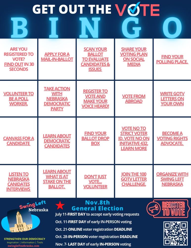 SwingLeftOmaha's tweet photo. 🚨50 days until the election! When we show up, pro-democracy candidates WIN IN NEBRASKA! 

Help GOTV BINGO 👇🏼
https://t.co/kX1nDqUq3d https://t.co/w9tV49Jr4m