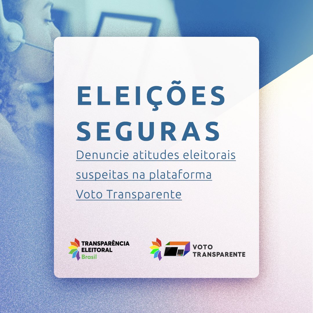 TEleitoralBR's tweet photo. A plataforma de denúncias Voto Transparente chegou para te dar voz durante as eleições. Para realizar uma denúncia acesse: https://t.co/6Pjiz9hyah
Vamos juntes fazer mais pela nossa democracia!
#transparenciaeleitoralbrasil #eleicoes2022 #vototransparente https://t.co/5cwQOHH1hx