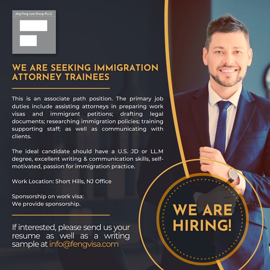 WE ARE HIRING!

We are seeking Immigration Attorney Trainees. Please see poster for details.

Work Location: Short Hills, NJ Office

 #hiringlawyers #hiringattorney #attorneyjobs #immigrationattorney #immigrationattorneys #immigrationlawyer #immigrationlawyers