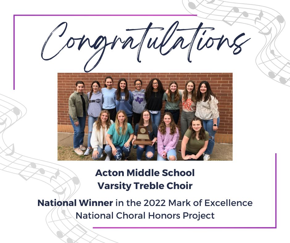 We are happy to announce that the Acton Middle School Varsity Treble Choir is a National Winner in the Foundation for Music Education Mark of Excellence Project!

Full results can be seen at: foundationformusiceducation.org/mark-of-excell…

#GISDgr8ness <a href="/AMSpirates/">AMS</a> <a href="/granburyisd/">Granbury ISD</a>