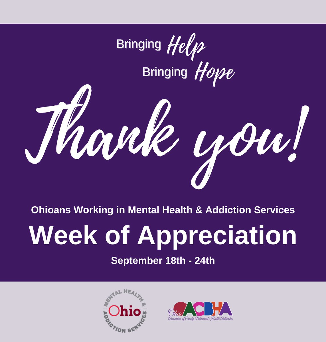 This week we are thanking all individuals working to support recovery throughout our communities. Join us in celebrating their hard work and commitment to bringing help and bringing hope to Ohioans in need! #BringingHelpBringingHope
