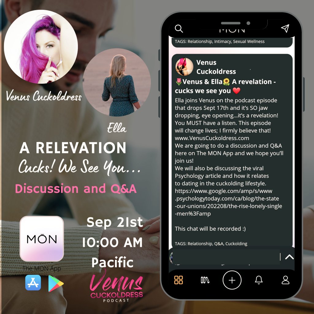 CuckoldressV's tweet photo. 📢After dropping our episode
Ella and I are coming together this Wednesday, 10 AM Pacific for a
discussion and Q&amp;A on @TheMONApp
Like the episode, even this is going to be
⚡A REVELATION! for everyone! #cucks #cuckoldress #hotwife #bulls 
#venuscuckoldress
#cuckoldingislove https://t.co/jmJC6jPuTy
