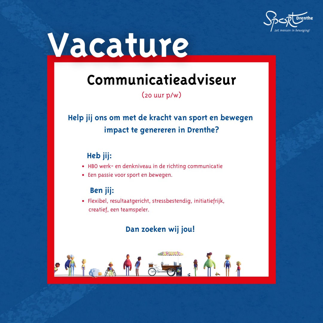 Als communicatieadviseur bij SportDrenthe werk je in het hart van sport &amp; bewegen van onze provincie. Ben je letterlijk de spin in het web en zorg je dat alle communicatielijnen bij elkaar komen. Solliciteer direct mailchi.mp/5d9c2483b222/v…