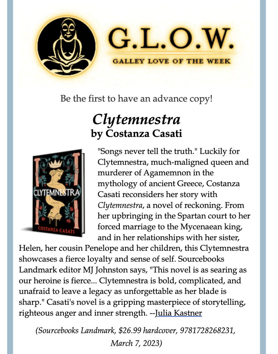 A very happy Monday! CLYTEMNESTRA is @ShelfAwareness  #ShelfGLOW pick of the week! 🏹👑💛

You can enter here to be one of the first to have an advance copy: read.sourcebooks.com/clytemnestra-g…