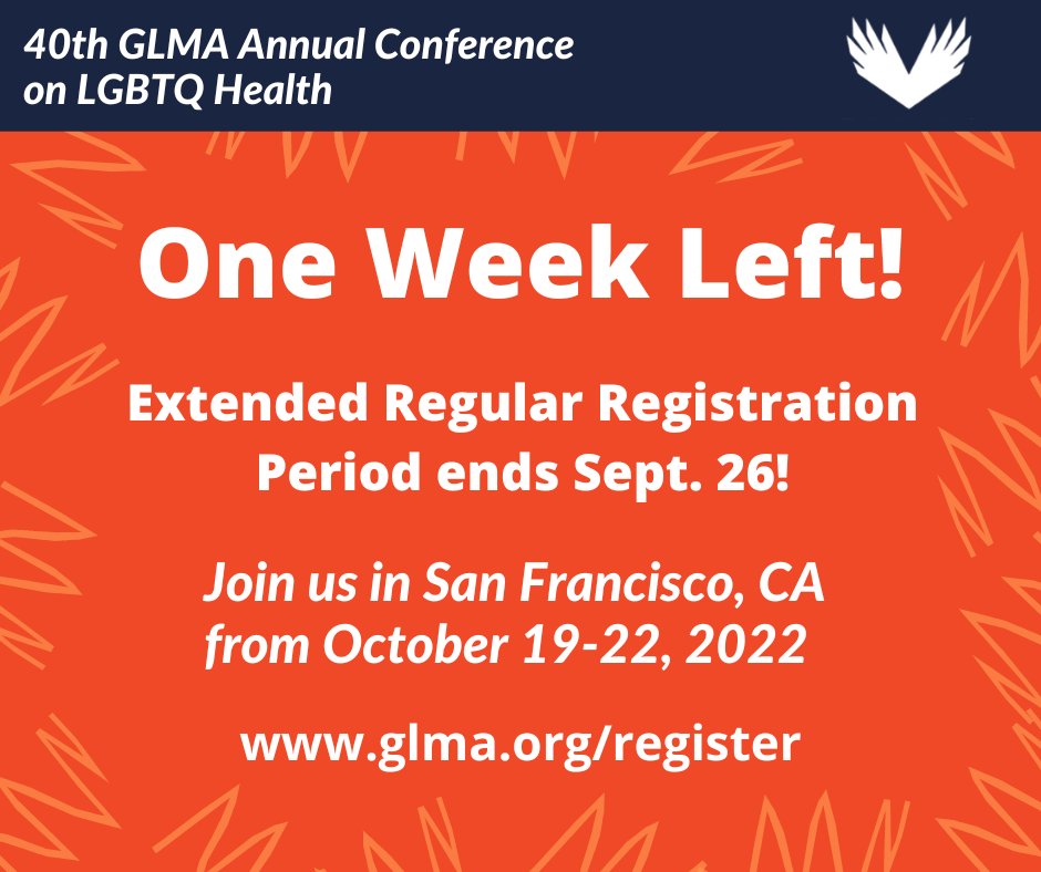 📣One week left to register for the 40th GLMA Annual Conference during the extended regular registration period! The price goes up after September 26. To register, visit glma.org/register