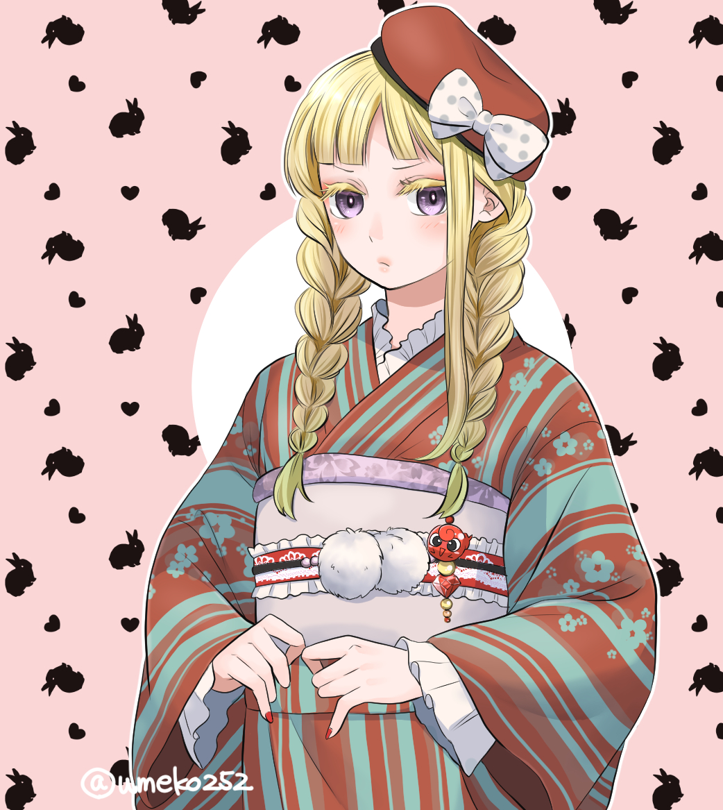 1girl japanese clothes kimono solo braid blonde hair hat  illustration images