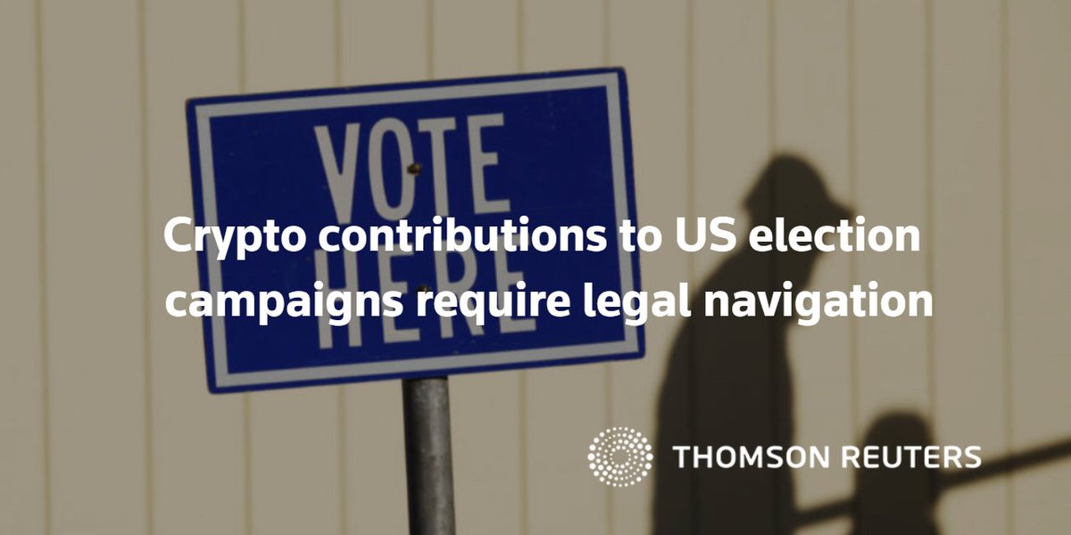 As campaign fundraising heats up ahead of #MidtermElections, making contributions via #Cryptocurrencies requires careful navigation of federal and state law.  tmsnrt.rs/3xho8o7

<a href="/todd_ehret/">Todd Ehret</a> <a href="/ComplianceLearn/">Thomson Reuters Regulatory Compliance</a> #AI #Cryptocurrency #TRInstitute #TRRI