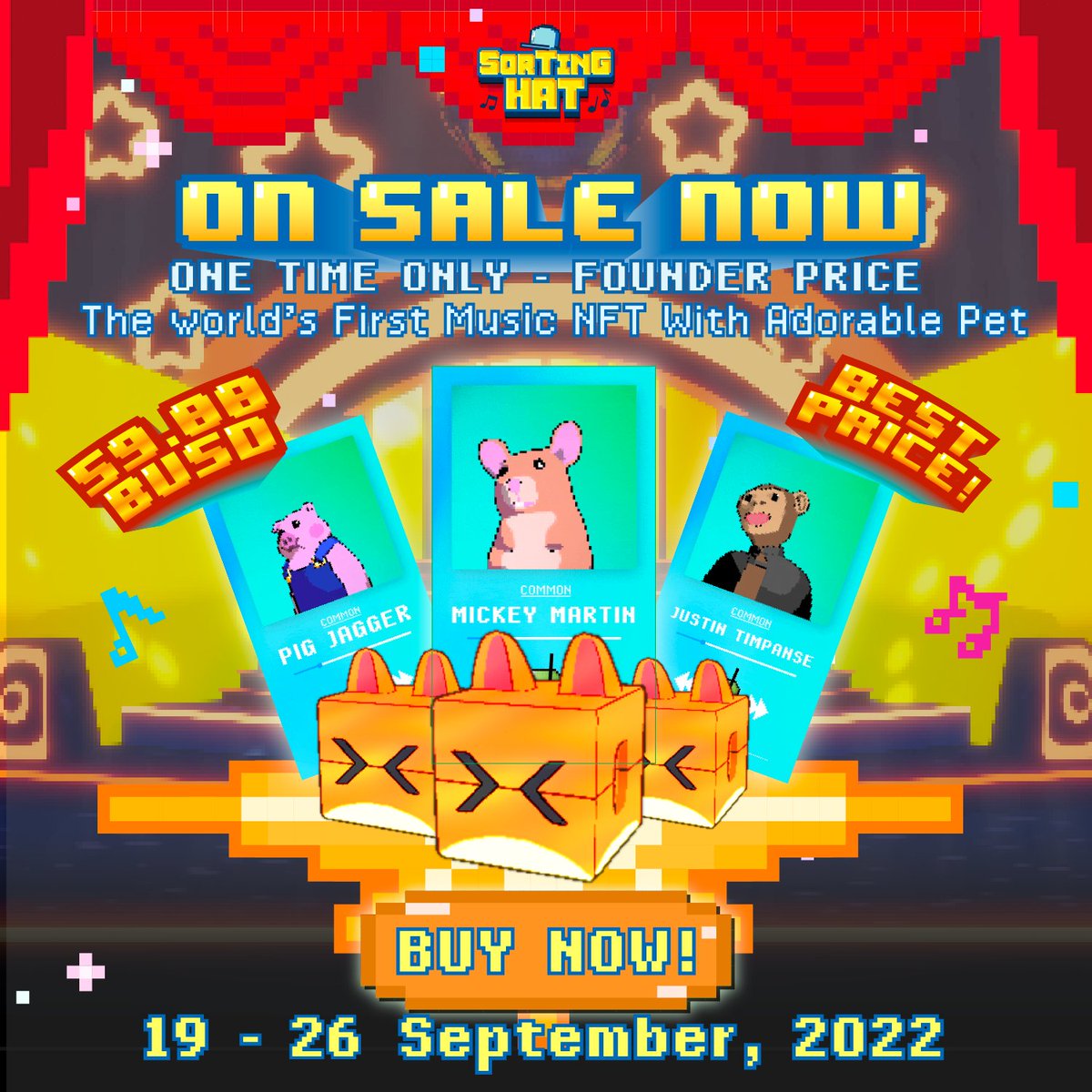 Sortinghatgame's tweet image. 🎉 THE PACK SALE BEGINS NOW 🎉 

The lowest price you&apos;ll ever see. Buy now for only 59 BUSD 

CLICK:  packsale.sortinghat.game