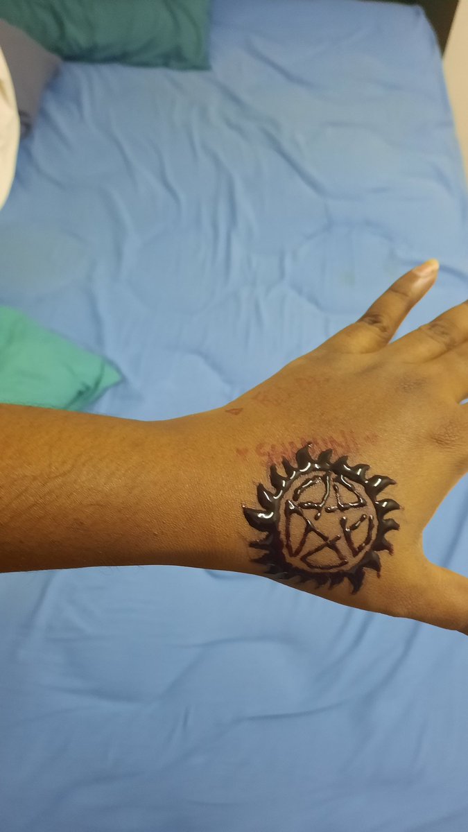 sham0408's tweet photo. Well i didnt turn to be the best one though.. supernatural fans knows this.  😬💕 My fav .. always wanted to have this tattooed but i dont like tattoo.. so easier way is to put on henna.  😛. meanwhile try google for supernatural tattoo for those who never saw the design before https://t.co/8qztWqnXm6