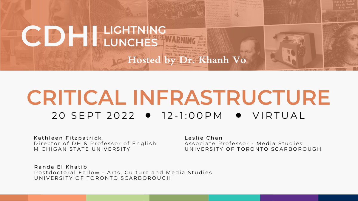 Critical Digital Humanities Initiative (@uoftdhn) on Twitter photo โก๏ธSEPT 20 | 12:00PM | VIRTUAL
Reminder to register! The first Lightning Lunch of the year features DH scholars Kathleen Fitzpatrick (<a href="/kfitz/">KenFitz</a>), Leslie Chan (<a href="/lesliekwchan/">Leslie Chan</a>), and Randa El Khatib (<a href="/randaelka/">Randa El Khatib</a>). Learn more about "Critical Infrastructure" at uoft.me/LL-Crit-Infr. โก๏ธSEPT 20 | 12:00PM | VIRTUAL
Reminder to register! The first Lightning Lunch of the year features DH scholars Kathleen Fitzpatrick (<a href="/kfitz/">KenFitz</a>), Leslie Chan (<a href="/lesliekwchan/">Leslie Chan</a>), and Randa El Khatib (<a href="/randaelka/">Randa El Khatib</a>). Learn more about "Critical Infrastructure" at uoft.me/LL-Crit-Infr.