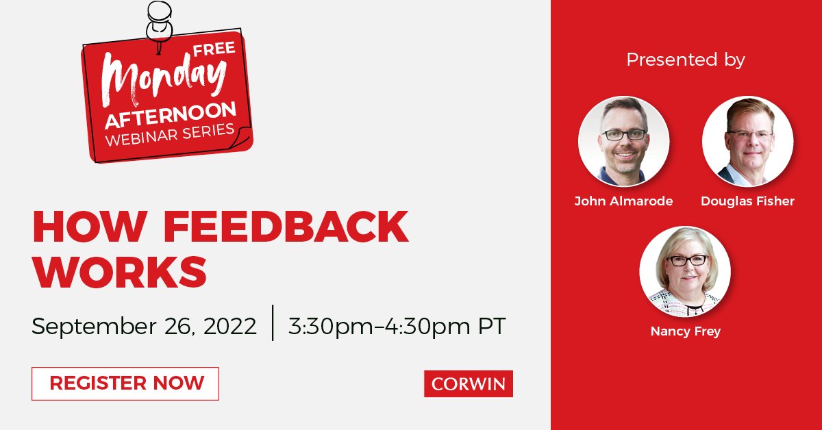DFISHERSDSU's tweet photo. Join John, Nancy, and I as we explore best practices around feedback and how it can best be utilized to impact student learning in our How Feedback Works webinar.
Sign up for the webinar here: https://t.co/7TmXrkglIu
#HowFeedbackWorks #FreeWebinar #TeachersLearning https://t.co/O6zd8TkMSM