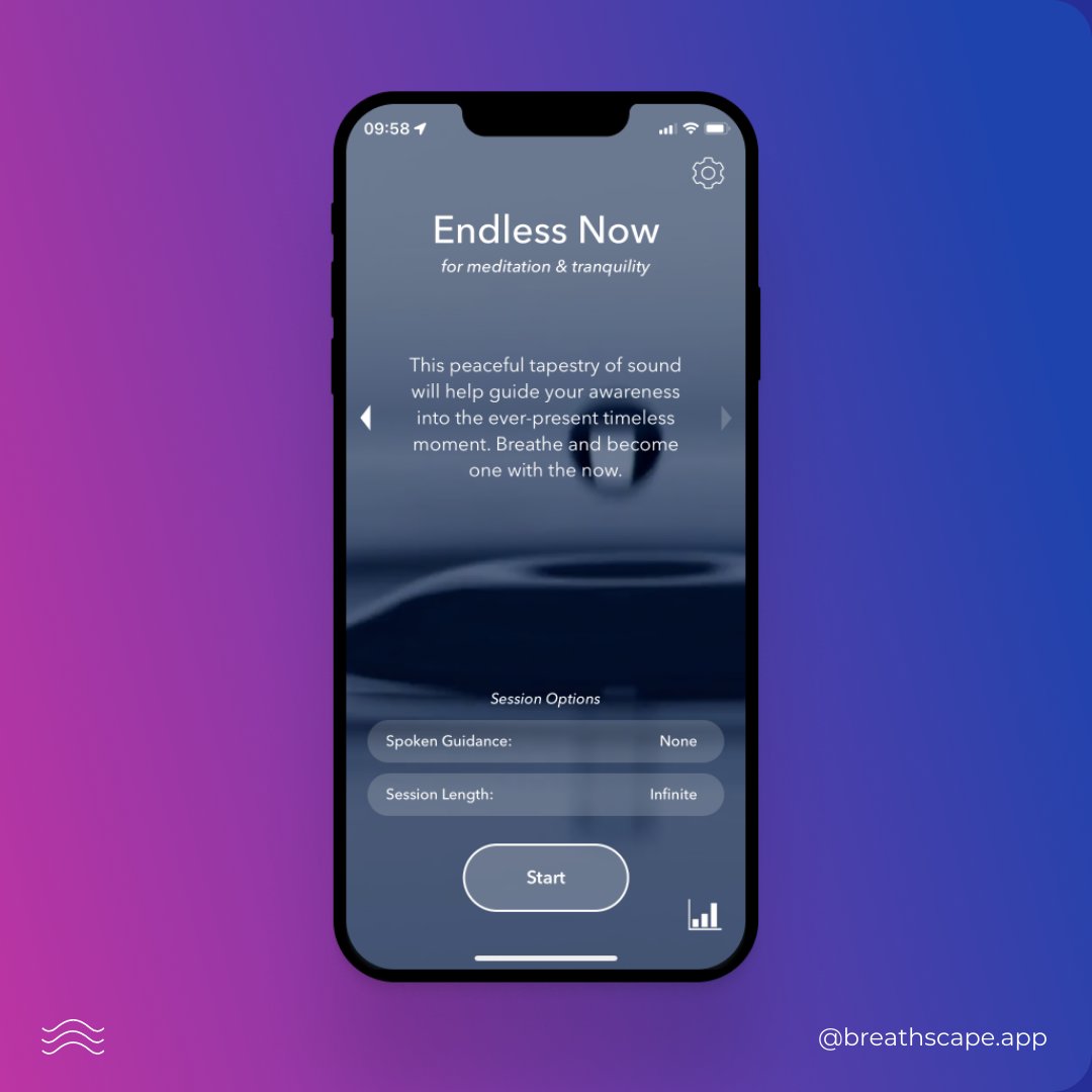 breathscapeapp's tweet photo. Our endless now experience is designed to support deep meditation. Gentle bells will guide your awareness back to each exhalation as your attention melts into a sea of soothing sounds. Just breath, relax, and let go.
#breathscape #deepbreathing #relaxation #mindfulness https://t.co/vCReENgKiZ