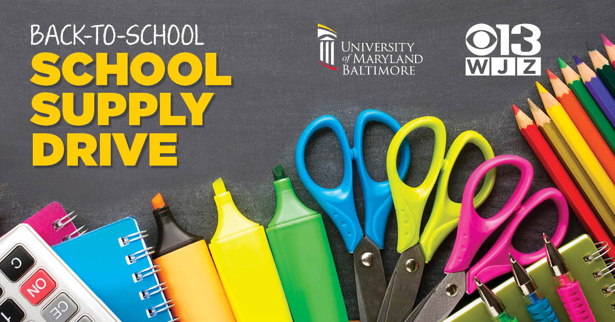 UMBaltimore's tweet photo. We're in the final 24 hours for the @UMBaltimore &amp; @wjz School Supply Drive to support West Baltimore students and students in the @UMB_CURE and UMB PAL program. Donate via the link below: https://t.co/7x3nDm4fMd https://t.co/ptx0A7lhq0
