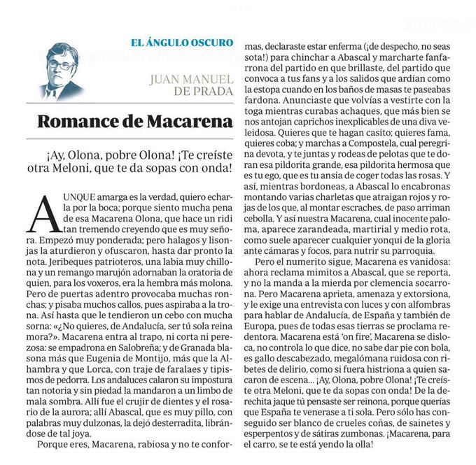 Macarena_Olona's tweet photo. Quiero compartir este artículo que escribe mi admirado Juan Manuel de Prada. Con pluma dirigida. Lucho para estar a vuestro lado. A pesar de las piedras. https://t.co/7uSwHytoep