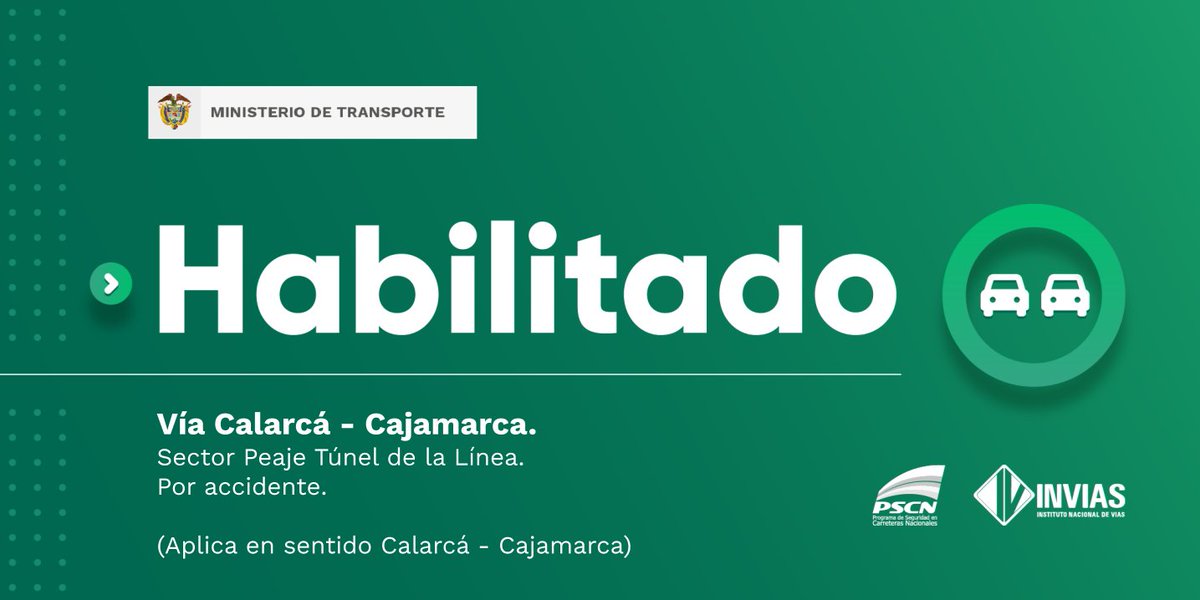 ¡Buenos días!

#NovedadVial actualmente se encuentra #Habilitado el sector Peaje Túnel de la Línea de la vía Calarcá - Cajamarca en el departamento de #Tolima.

Trabajamos para mantenerte informado.
