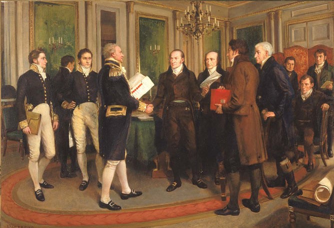 The Treaty of Ghent officially ended the #Warof1812 on 2/17/1815. It was the last peace treaty between the US and UK. Gradually, the two English-speaking countries found common interests and became close allies, as they are today. #InternationalDayofPeace
