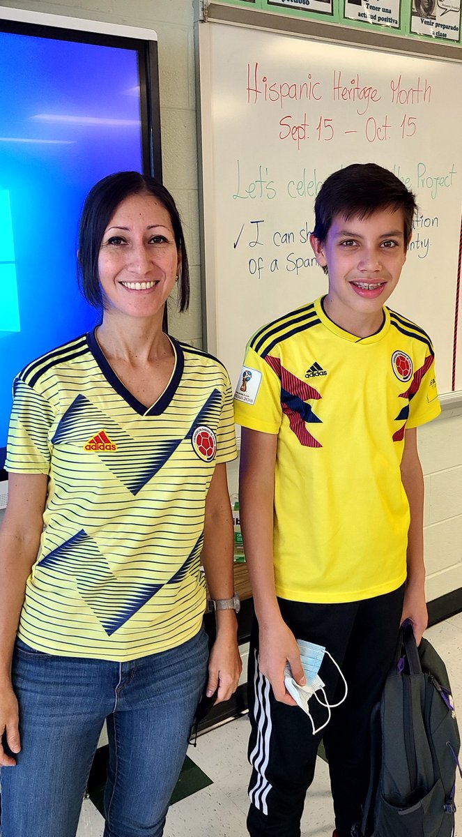 Wearing the 🇨🇴Colombian Soccer Jersey on #spiritweek with another Colombian student.
💡"Fútbol" and Football refer to soccer which is the most popular sport in most Spanish Speaking countries and Europe. <a href="/RipponMiddle/">Rippon Middle School</a>