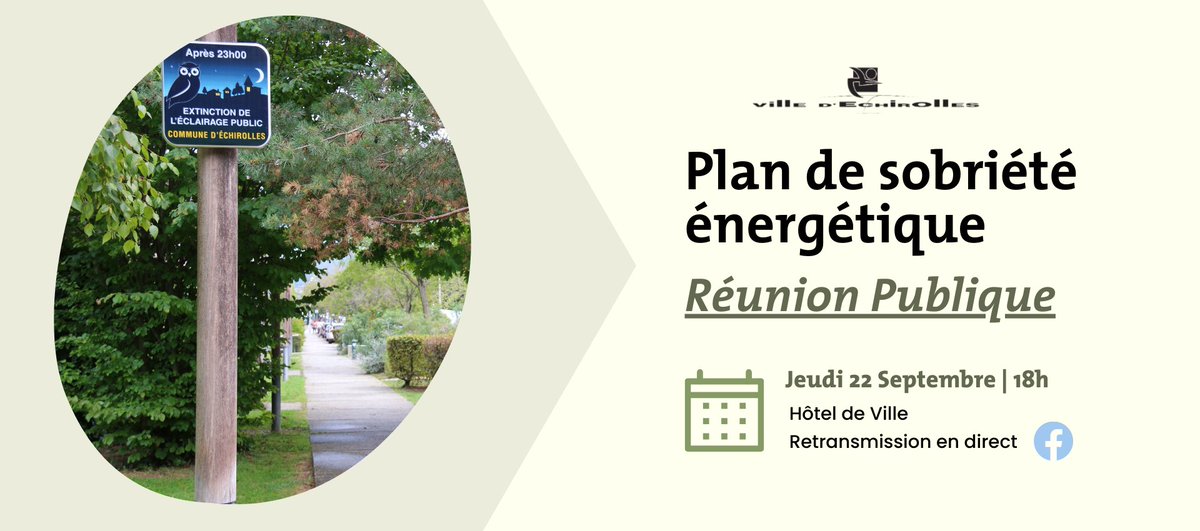 Le maire <a href="/RenzoSulli/">Renzo Sulli</a> et son équipe vous invitent à une réunion publique pour échanger sur le plan de #SobrieteEnergetique lancé à #Échirolles :
📆 Jeu. 22 sept. à 18h | Hôtel de Ville | Direct sur Facebook
ℹ️ Plus d'infos sur les mesures et la réunion ➡️ bit.ly/3dnWv6a