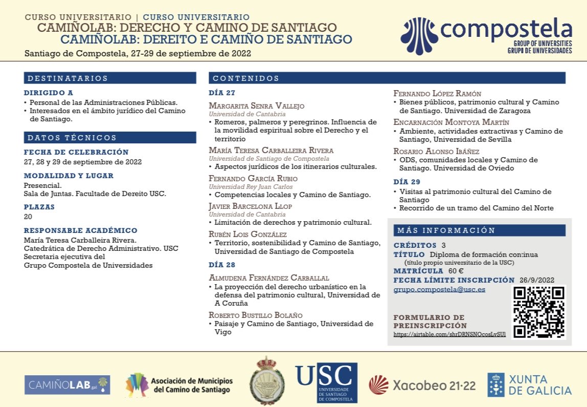 Los próximos días 27 a 29 de septiembre, se celebrará el congreso “Derecho y Camino de Santiago” en la Facultad de Derecho de Santiago de Compostela. Será un verdadero honor participar en este curso universitario.