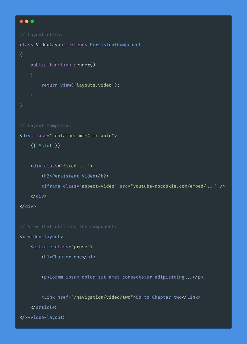 pascalbaljet's tweet photo. You only have to extend your Layout with the PersisitentComponent class ๐ฎ
I'm still deciding on the implementation. Inertia works similarly (where the $slot gets wrapper within a layout). With Livewire v3, you explicitly wrap all persistent components (the player). Thoughts? ๐โโ๏ธ https://t.co/pWOndLOmhv