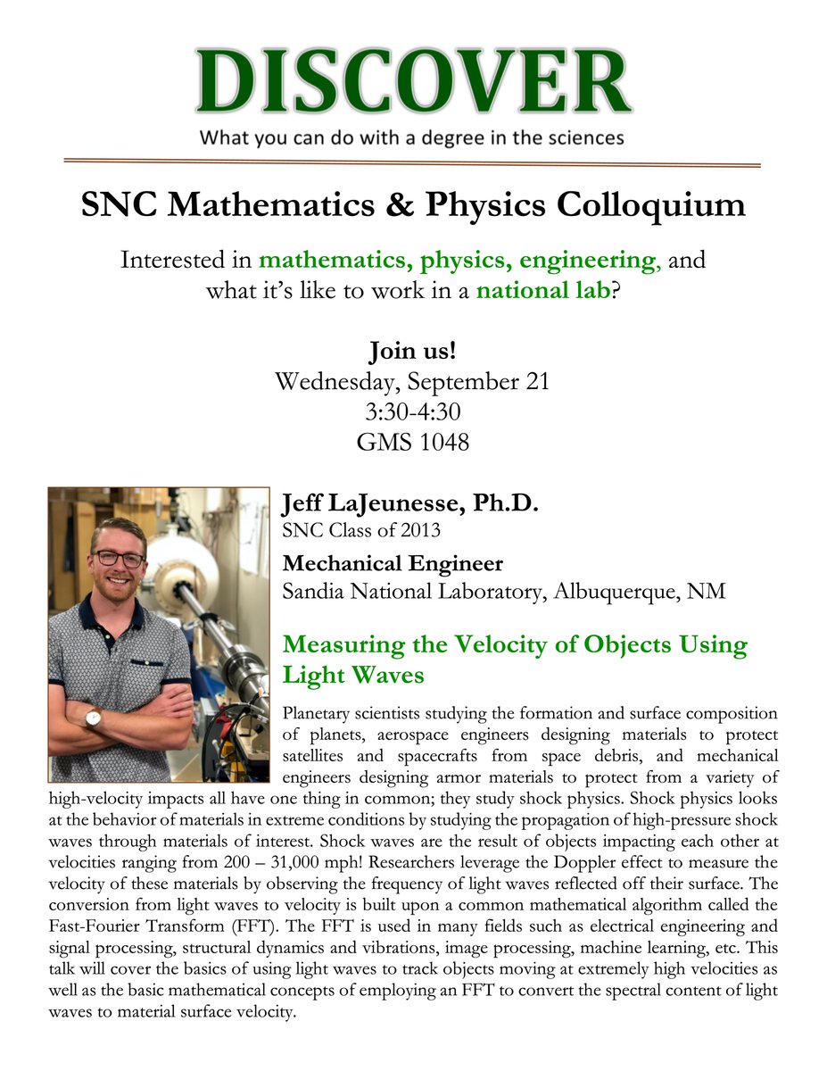 SNC_SND's tweet photo. math and physics colloquium THIS WEDNESDAY — all are welcome!

includes:
• 30-minute research talk
• 15-minute vocation discussion
• Q&amp;A

we hope to see you there! https://t.co/lsIehgMe89