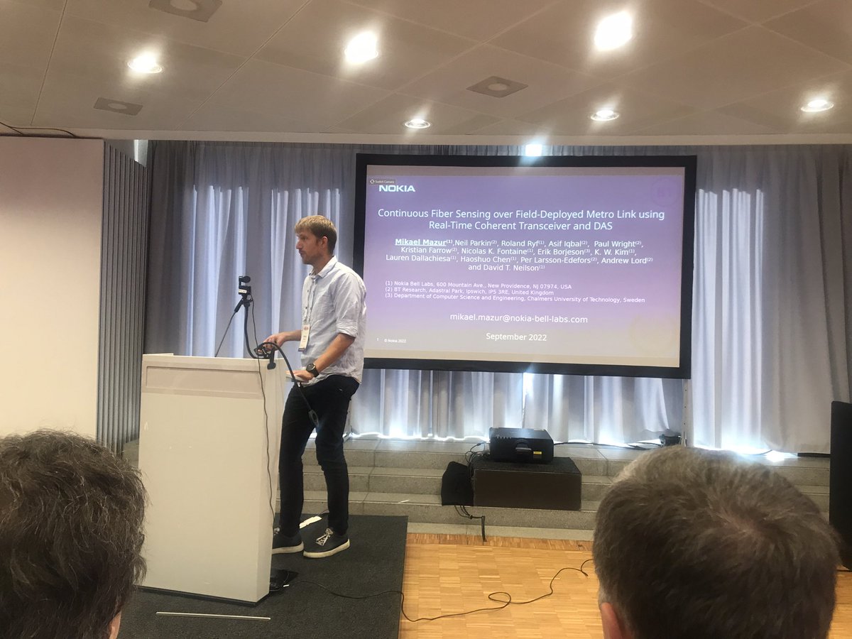 Our <a href="/BellLabs/">Bell Labs</a> Mikael Mazur presenting continuous fiber sensing over field-deployed metro link using real-time coherent transceiver and DAS
#sensing #Nokia #ECOC22